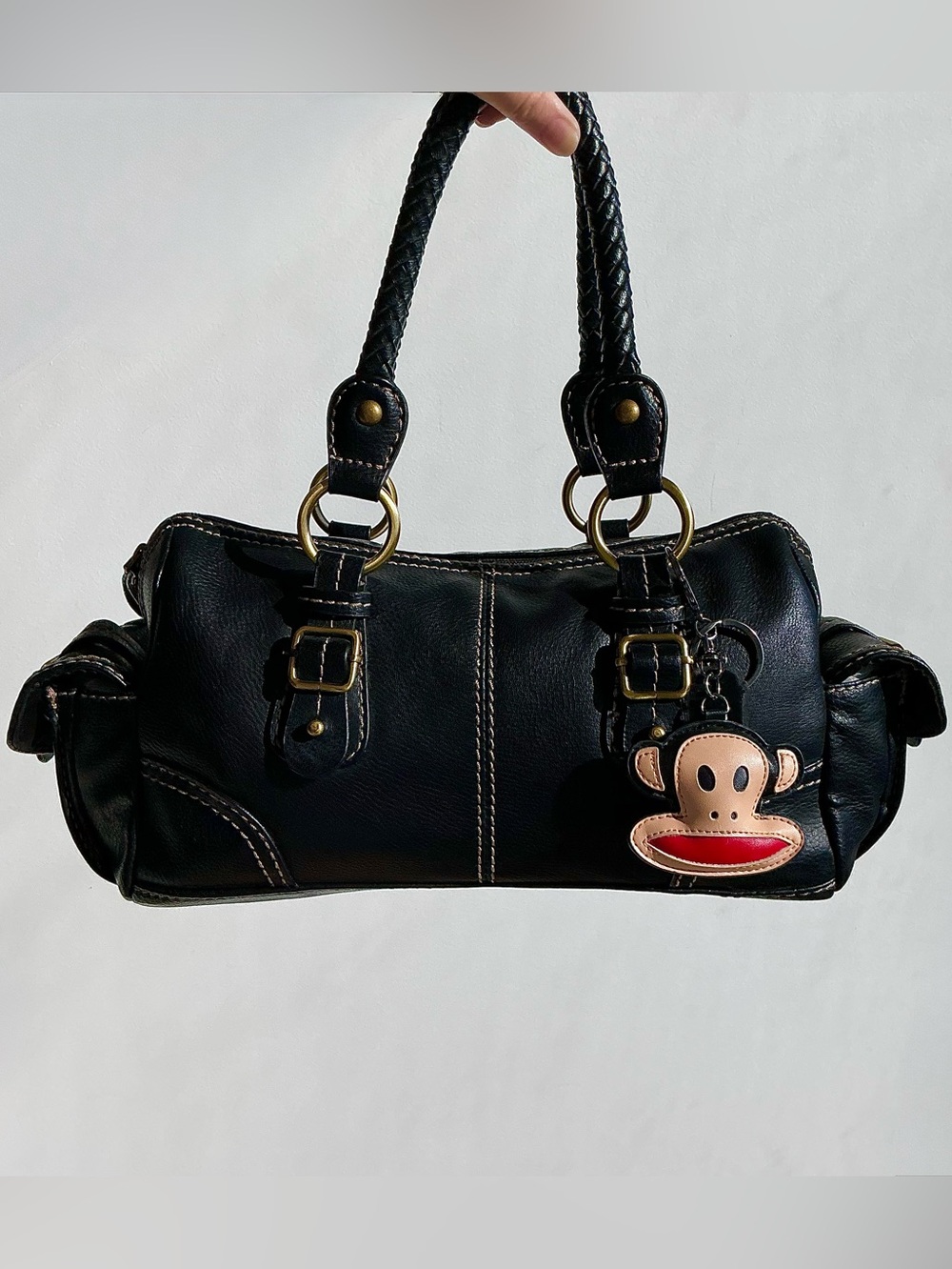 Y2K Vintage Black Leather Satchel bag purse brass buckle side pockets pebbled